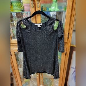 Boston Proper "Cold Shoulder" Pullover Blouse.  Black with Silver Glitter look.